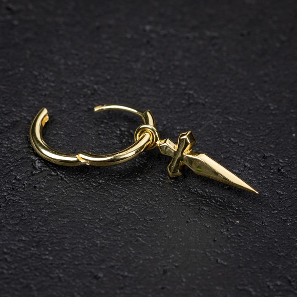 Mens Solid Gold Dagger Sword Hanging Cross Huggie Sterling Silver Hoop Earrings - Picture 3 of 6